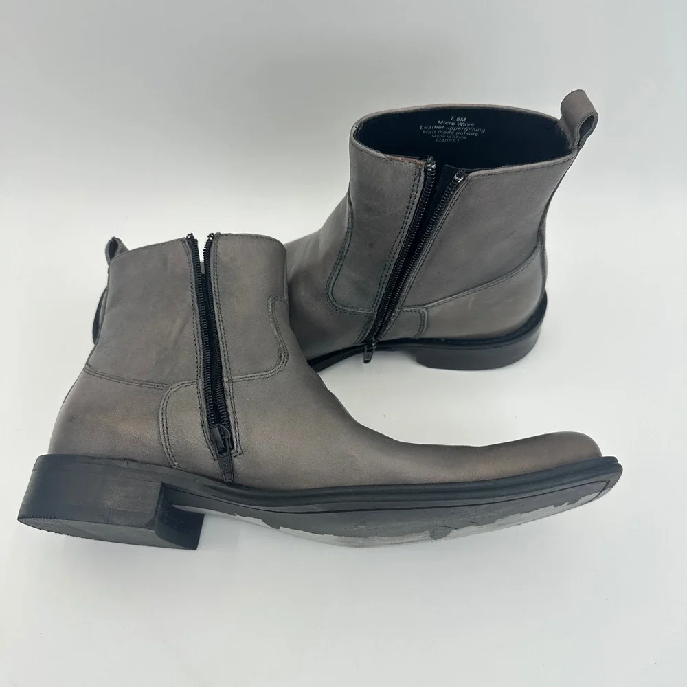 Kenneth Cole New York Micro Wave Gray Leather Side Zip Ankle Boots Mens 7.5M
